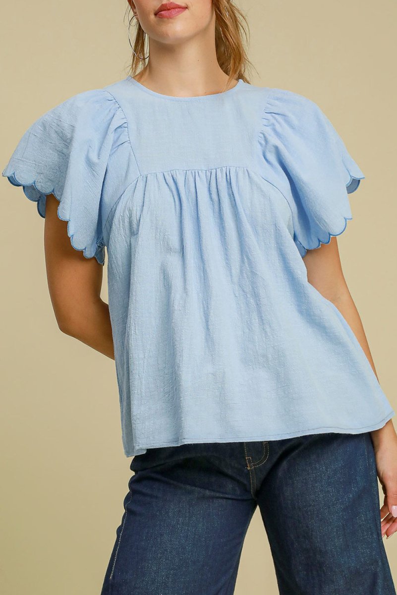 Beau Blue Solid Color Embroidered Scalloped Sleeves Crew Neck Blouse - Love Salve